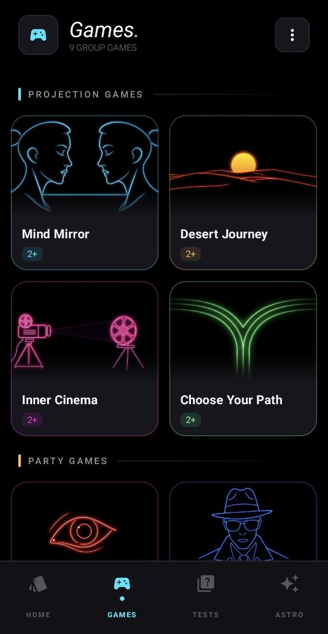 The Games tab with neon game tiles
