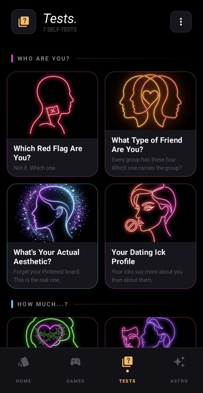 The Tests tab with personality quizzes